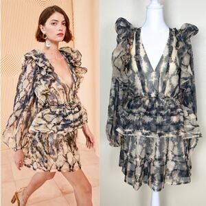 Ulla Johnson Adelaide Printed Silk Minidress Womens 2 Fossil Blue SS23 Ruffle